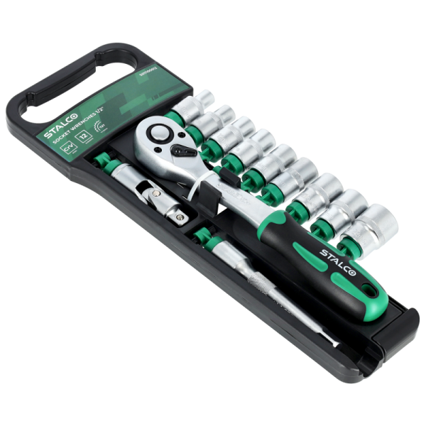 Nástrčné hlavice a račňa na vešiaku 12 kusov 1/2“ - STALCO