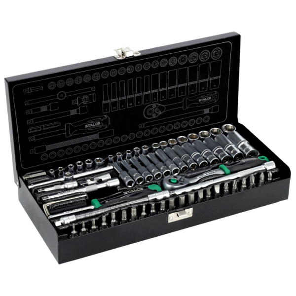 Sada nástrčných kľúčov, kovová škatuľa, 67 prvkov 1/4˝ račňa 90 zubov - STALCO